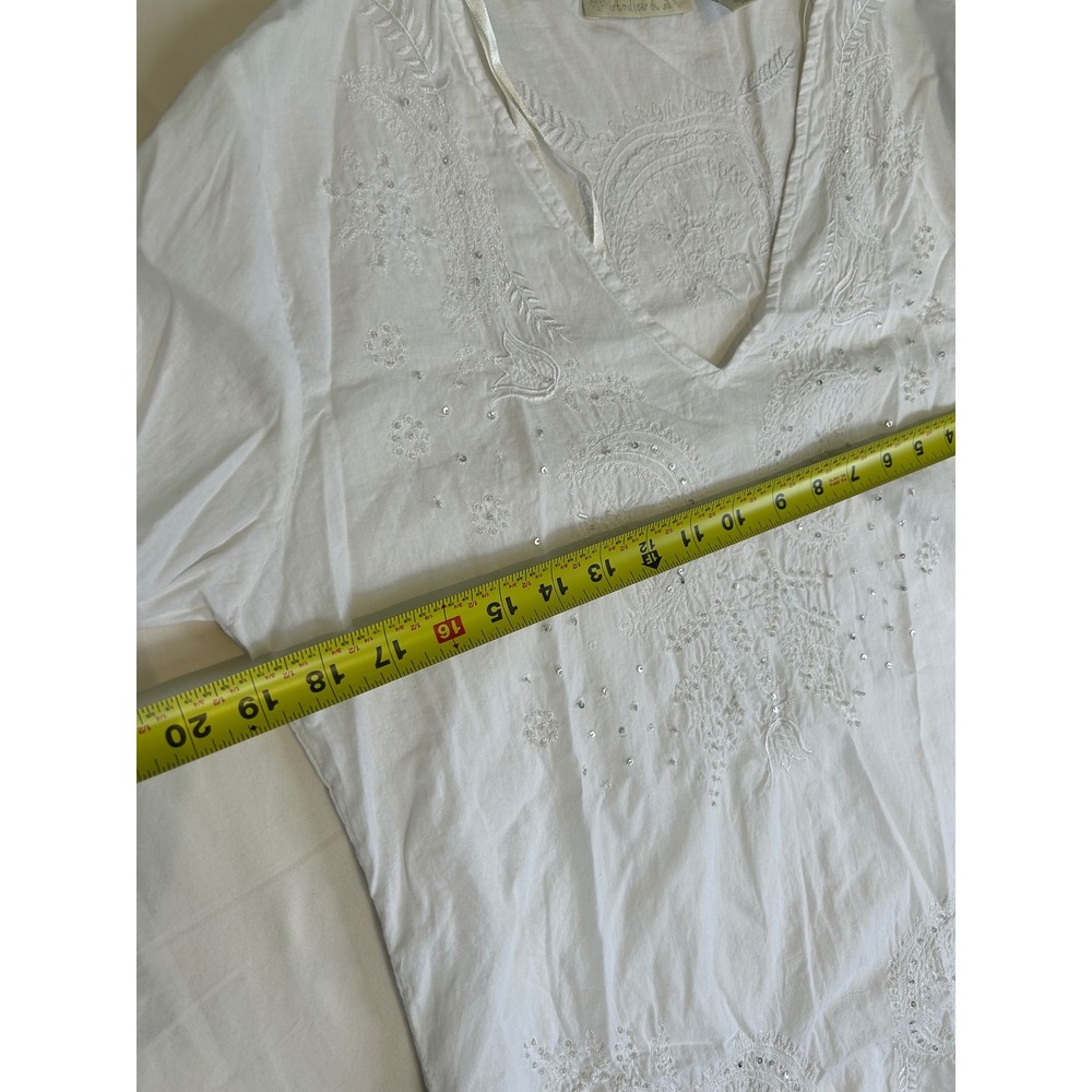Andrew & Co Womens White Cotton Embroidered Sequin V-Neck Tunic Bell Sleeve L - Picture 9 of 10